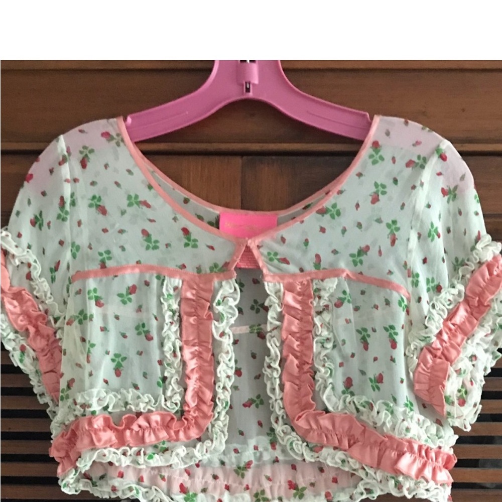 BETSEY JOHNSON SATIN PINK & WHITE FLORAL SHEER CROPPED BOLERO